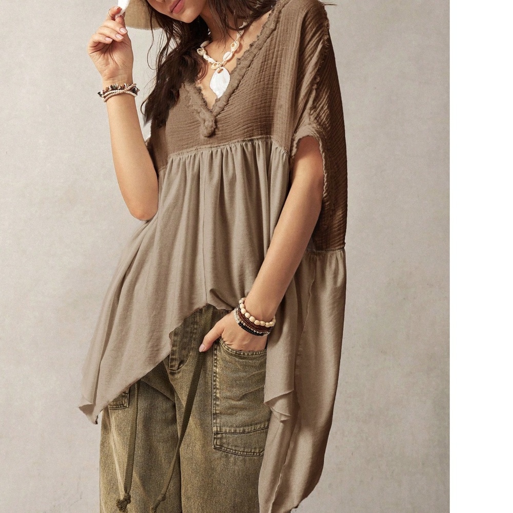 Solid Notched neck High Low Asymmetrical hem oversized Top - Picture 6 of 12